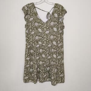 Devoted Olive Floral V-Neck Linen Blend Mini Dress Size Large